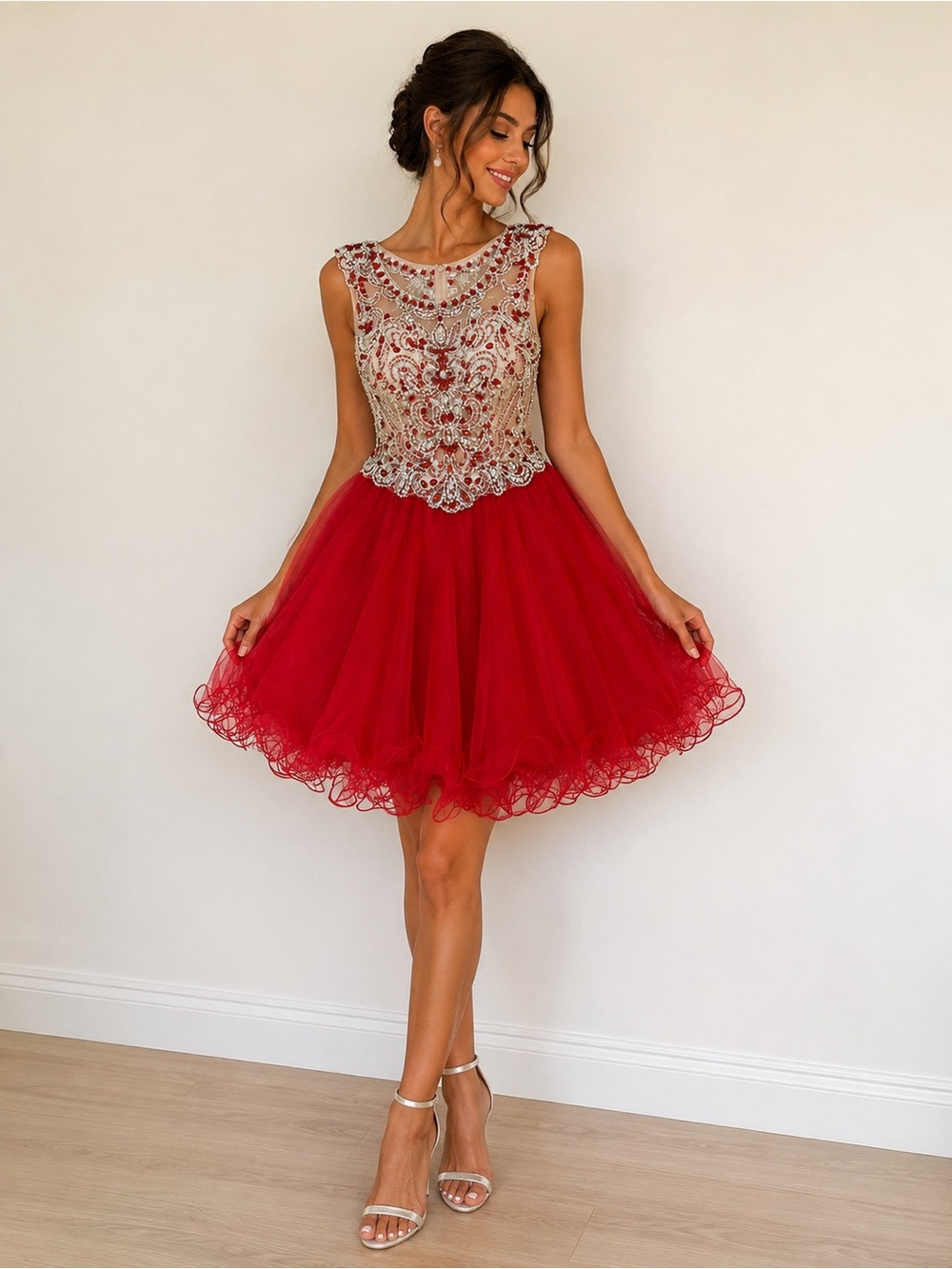 Let's Fashion Vintage Rhinestone Corset Tulle Mini Dress Style 5856 Size M Red
